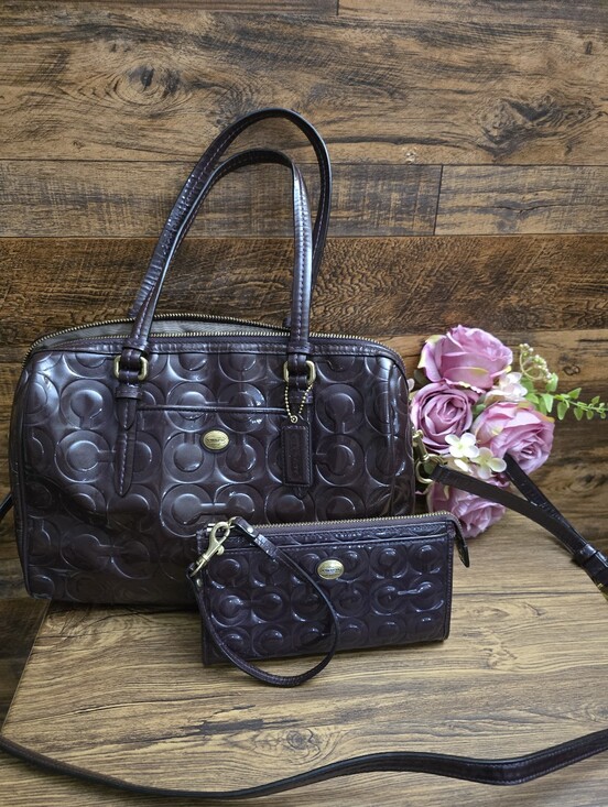 Coach Handbags - Coach Patent Signature Tote And Matching Wallet/Wristlet in Dark Brown